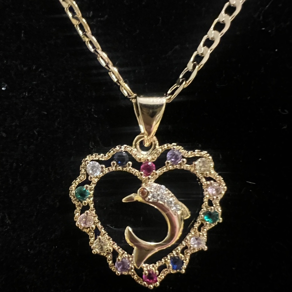 Gold Dolphin Heart Pendant Necklace